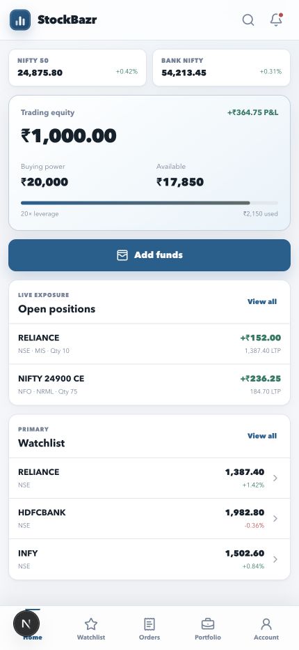 StockBazar mobile app home screen